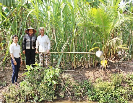 Bà Phạm Thị Hưng (bìa phải) cải tạo vườn tạp, chuyển sang trồng dừa từ chương trình tiết kiệm “100.000 đ/năm gửi về Tỉnh hội”.