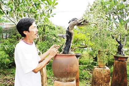 Nghệ nhân Nguyễn Tấn Lộc bên cây bonsai dáng thác đổ của mình.