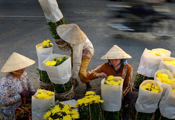 Các nhân công bao giấy để vận chuyển hoa đi các tỉnh miền Đông.