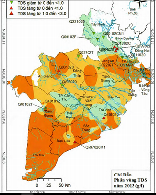 Hiện trạng phân bố nước nhạt tại các tỉnh Đồng bằng sông Cửu Long. (Nguồn: Monre.gov.vn)