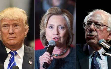Bà Clinton đang bị kẹt giữa ông Trump (trái) và ông Sanders (phải) trong cuộc đua tranh chiếc ghế Tổng thống Mỹ. Ảnh AP