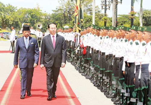 Chủ tịch nước Trần Đại Quang và Quốc vương Haji Hassanal Bolkiah Mu’izzaddin Waddaulah duyệt đội danh dự Quân đội Hoàng gia Brunei