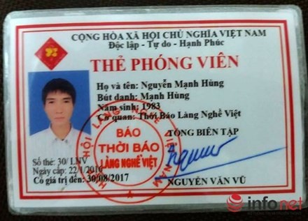 Phóng viên Mạnh Hùng của Thời báo Làng Nghề Việt đã bị khởi tố, bắt tạm giam do hành vi cưỡng đoạt tài sản. (Ảnh: Infonet).