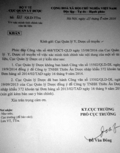 Văn bản chính thức kết luận về việc giả mạo hồ sơ của Đông dược Hòa Phú (Ảnh: Báo Pháp luật Việt Nam)