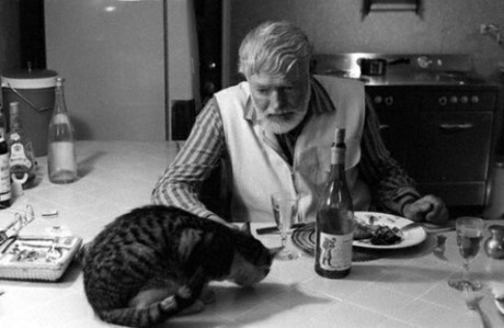 Ernest Hemingway chia sẻ bữa ăn tối với một con mèo.