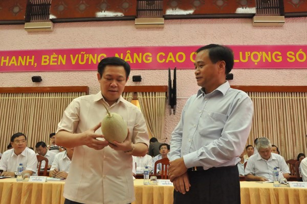 Phó Thủ tướng Vương Đình Huệ (bìa trái) nghiên cứu sản phẩm nông nghiệp hiệu quả của Đồng Tháp từ việc tái cơ cấu