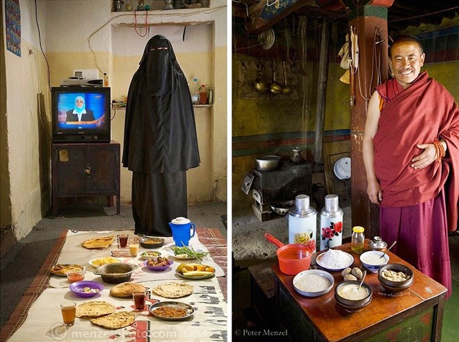 Cô Saada Haidar (trái), một bà nội trợ ở Sanaa (Yemen) ăn 2.700 calo mỗi ngày. Trong khi đó, một thầy tu ở Tibet ăn 4.200 calo. (Nguồn: brightside)