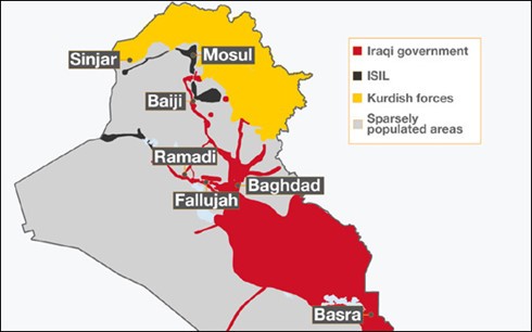 Các khu vực do các bên kiểm soát ở Iraq. Đồ họa: al Jazeera.