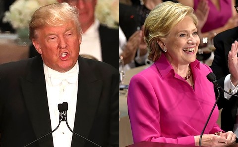 Tỷ phú Trump và bà Clinton tại bữa tiệc. Ảnh: AP