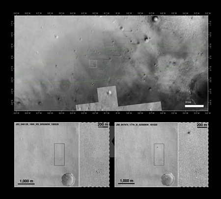 Ảnh của Cơ quan Hàng không vũ trụ Mỹ (NASA) chụp địa điểm hạ cánh của Schiaparelli trên bề mặt Sao Hỏa. (Nguồn: EPA/TTXVN)
