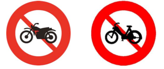 Biển cấm xe máy cũ, theo bộ quy chuẩn năm 2012 (trái) và biển cấm xe máy theo QCVN 41:2016 (phải)