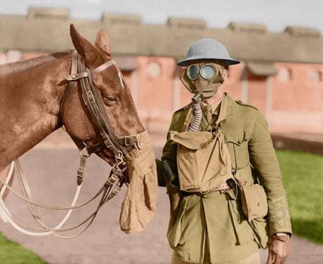 Một binh sĩ Canada và ngựa của anh ta được đeo mặt nạ để chống lại các loại vũ khí hóa học. Ảnh tư liệu của Đại học Mở (Anh)