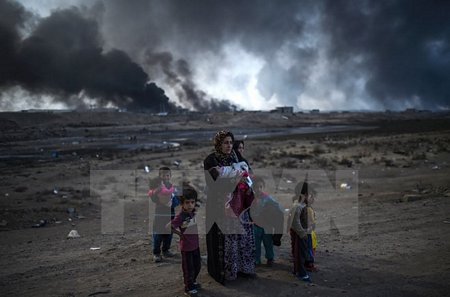 Người dân Iraq sơ tán khỏi khu vực chiến sự ở Mosul tới Qayyarah, phía nam Mosul ngày 29/10. (Nguồn: AFP/ TTXVN)