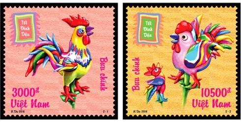 Bộ tem Tết Đinh Dậu do họa sĩ Nguyễn Du thiết kế 