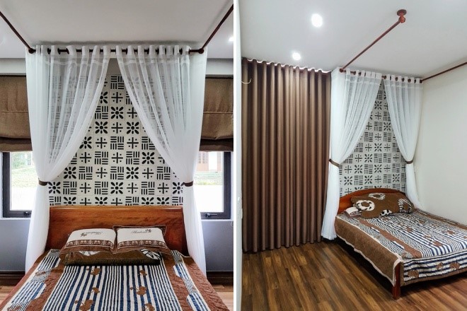 Phòng ngủ với tông màu nâu-trắng và mảng gạch trang trí vừa ấm áp vừa có nét nhẹ nhàng, lãng mạn.