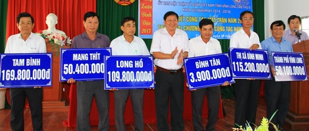 Ông Lê Quang Đạo- Ủy viên Thường vụ Tỉnh ủy, Chủ tịch UBMTTQ Việt Nam tỉnh trao bảng phân bổ kinh phí hỗ trợ cho các  huyện- thị- thành.