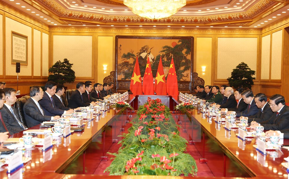 Tổng Bí thư Nguyễn Phú Trọng hội đàm với Tổng Bí thư, Chủ tịch nước Trung Quốc Tập Cận Bình. (Ảnh: Trí Dũng/TTXVN)