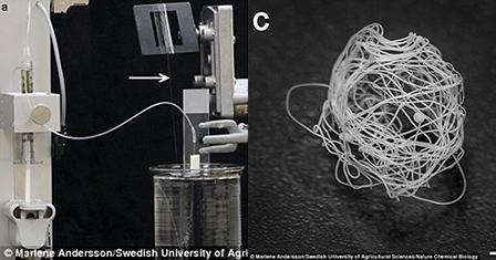 Máy se tơ nhân tạo trong phòng thí nghiệm (trái) và thành phẩm là những sợi tơ dài đến 1 km.