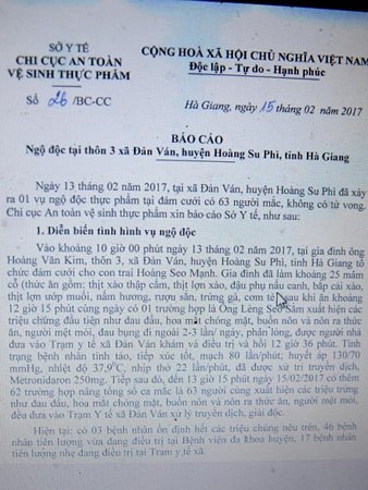 Báo cáo của Chi cục An toàn vệ sinh thực phẩm Hà Giang về vụ việc.