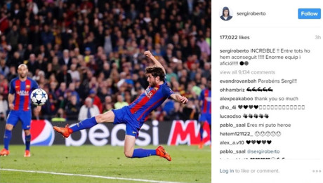 Người hùng Sergi Roberto đăng tải khoảnh khắc làm tung lưới PSG trên trang Instagram cá nhân. (Ảnh: Instagram Sergi Roberto)