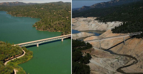 Ảnh chụp hồ Oroville (California, Mỹ) từ tháng 7/2010 (trái) và tháng 8/2016 (phải). Chỉ trong vòng 6 năm, lòng hồ đã cạn khô gần hết.