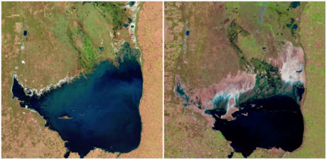 Hồ Mar Chiquita ở Argentina. từ tháng 7/1998 đến tháng 9/2011. Nhìn bằng mắt thường cũng thấy diện tích hồ chỉ còn một nữa trong 14 năm.