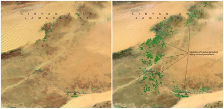 Để khắc phục tình trạng thiếu nước, chính quyền Libya đã cho xây một dòng sông nhân tạo. Hình ảnh vệ tinh năm 1987 (trái, khi dòng sông chưa khởi công) và năm 2010 (phải, khi công trình đã hoàn thành) cho thấy vùng đất này dần dần được phủ xanh. Đây quả là dấu hiệu đáng mừng.