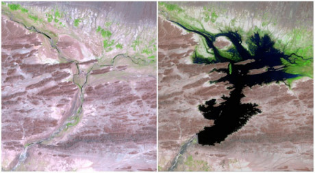 Một trường hợp tương tự là dòng sông Dasht ở Pakistan. Ảnh so sánh từ tháng 8/1999 (trái) và tháng 6/2011 (phải) cho thấy vùng đất này đã được hưởng nhiều thành quả từ dòng sông đào này.