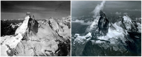 Hình ảnh đỉnh núi Matterhorn thuộc dãy Alps, giữa biên giới Thuyh Sỹ và Italia từ năm 1960 (trái) và tháng 8/20065 (phải). Lượng băng trên đỉnh núi đã giảm khá nhiều.