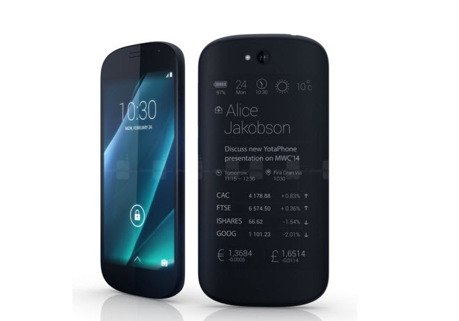 Được mệnh danh là iPhone của Nga, YotaPhone 2 sở hữu ý tưởng thiết kế lạ với một màn hình chính 5 inch độ phân giải Full HD, độc nhất khi màn hình phụ 4,7 inch qHD sử dụng công nghệ mực điện tử e-ink chỉ hiển thị đen trắng trên mặt lưng điện thoại. 