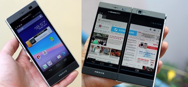 Chiếc smartphone Medias W N-05E của NEC được trang bị hai màn hình qHD 4,3 inch cả mặt trước và phía lưng. Điểm hút người dùng nhất ở sản phẩm này đó là Medias W N-05E có thể mở bản lề và biến thành một tablet mini màn hình 5,6 inch. Khi gập lại nhỏ, máy chỉ hoạt động màn hình phía trước giống như hầu hết các smartphone Android khác. 