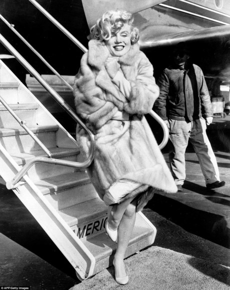 Marilyn Monroe tại Sân bay LaGuardia trước khi bay đến Chicago dự lễ ra mắt phim Some Like It Hot, năm 1959.