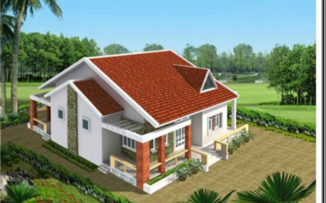 Bên cạnh mái ngói đỏ tươi, ngôi nhà còn nổi bật với gam màu xanh tươi của rặng cây xanh và thảm cỏ trải dài