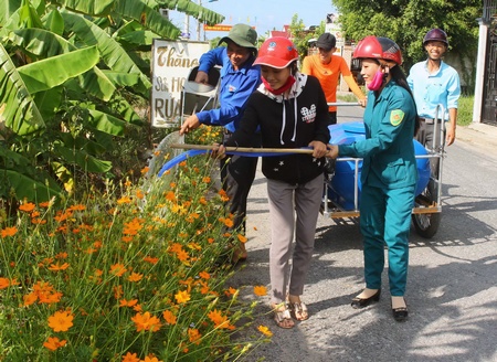 Đoàn viên thanh niên xã Thành Trung chăm sóc cây xanh và tuyến đường hoa ấp Thành Hiếu.