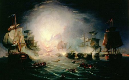 Soái hạm Pháp Orient nổ tung trong trận sông Nile năm 1798. Ảnh: WHO.