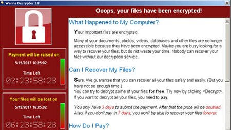 Màn hình hiển thị trên máy tính khi mã độc WannaCry tấn công đòi tiền chuộc người dùng.