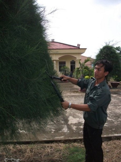 nh Chiến đang chăm sóc cây cảnh tại Nghĩa trang Liệt sĩ huyện Tam Bình.