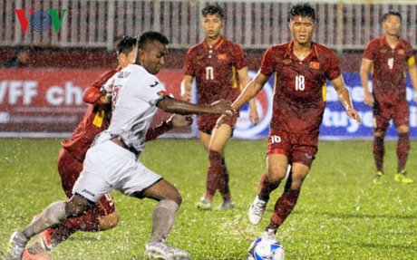   U23 Việt Nam (áo đỏ) đã giành chiến thắng ấn tượng trước U23 Timor Leste trong trận ra quân tại vòng loại U23 châu Á 2018 (Ảnh: Bích Thùy)