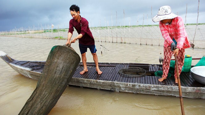Trên một số cánh đồng lũ ở giáp biên giới Campuchia thuộc tỉnh An Giang, người dân đã bắt đầu đi đặt dớn và thu hoạch những con cá, tôm đầu tiên khi mùa lũ bắt đầu - Ảnh: CHÍ QUỐC