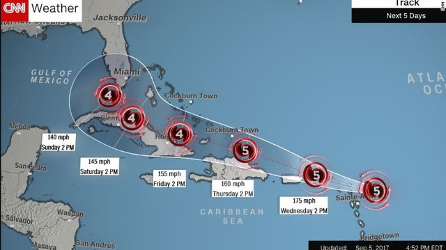 Dự báo đường đi của bão Irma với cấp độ đi kèm từ thứ Tư 6/9 (thứ hai từ phải sang) đến chủ nhật 10/9 - Ảnh chụp màn hình CNN