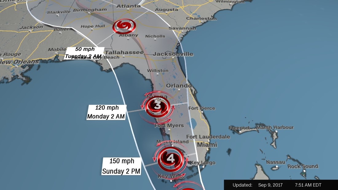 Đồ họa mô phỏng đường đi và sức mạnh của siêu bão Irma - Ảnh chụp màn hình CNN