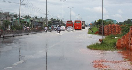 Xe cộ lội nước chen chúc nhau khi lưu thông trên QL1 đoạn qua ấp Thuận Tiến (xã Thuận An- TX Bình Minh). Ảnh chụp sáng 22/9/2017.