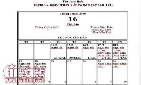 Lịch nghỉ tết Nguyên đán 2018 theo phương án 1 theo Tờ trình của Bộ LĐTBXH