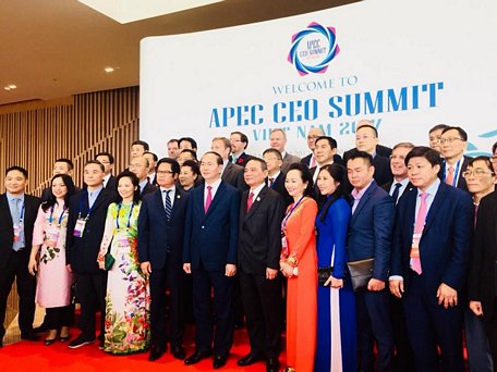 Chủ tịch nước Trần Đại Quang cùng các doanh nhân tham dự APEC CEO Summit. Ảnh: VGP