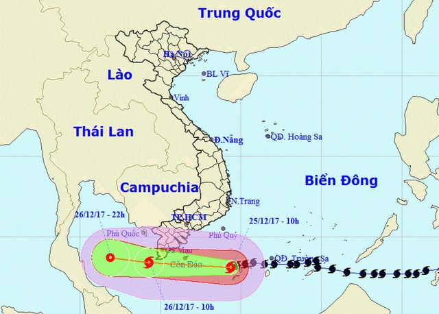 Dự kiến đường đi của bão Tembin theo bản tin phát lúc 11h ngày 25/12 của Trung tâm Dự báo khí tượng thủy văn trung ương