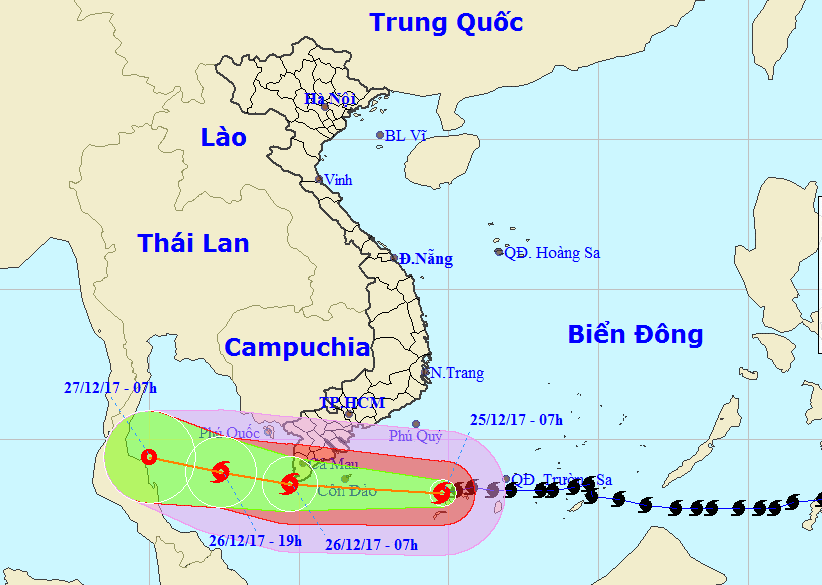 Sơ đồ đường đi cơn bão Tembin được phát lúc 8h30 ngày 25/12 của Trung tâm dự báo khí tượng thủy văn Trung ương