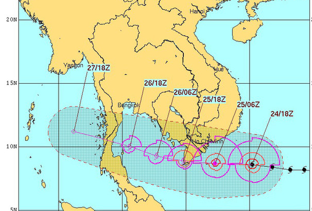 Dự kiến đường đi của bão Tembin - Nguồn: Hải quân Hoa Kỳ