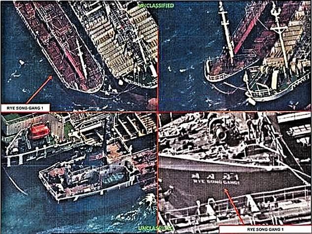 Những hình ảnh do vệ tinh Mỹ ghi lại việc Trung Quốc chuyển dầu cho Triều Tiên hôm 27/12/2017. (Nguồn: Daily Mail)