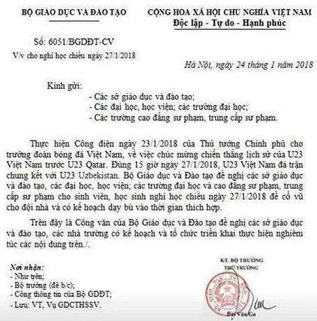 Công văn giả về việc Bộ GD-ĐT cho học sinh cả nước nghỉ học chiều 27/1 để xem Việt Nam đá chung kết giải U23 châu Á. (Ảnh: Dân trí)