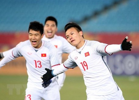 Niềm vui của các cầu thủ U.23 Việt Nam sau khi san bằng tỷ số 2-2 trong trận gặp U.23 Qatar.